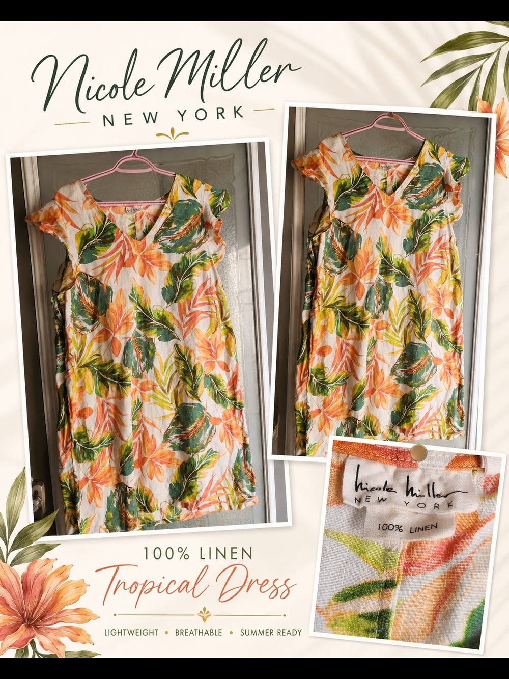 Nicole Miller New York 100% Linen Tropical Beach Summer Dress - Picture 2 of 9